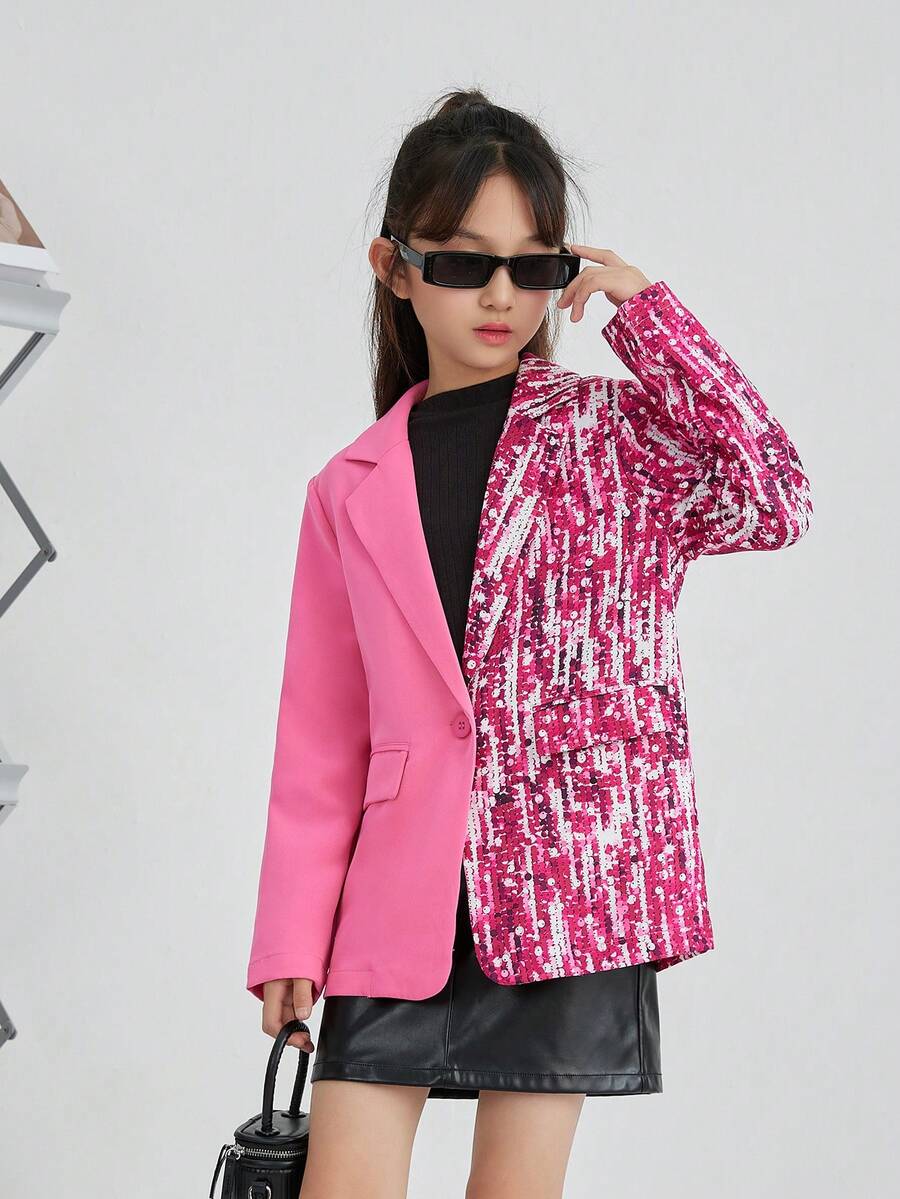 SHEIN 女大童1入組亮片拼接印花翻蓋細節西裝領外套 - 玫紅色 - 查看 1