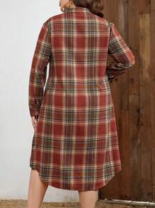 EMERY ROSE 大碼格紋印花翻蓋口袋襯衫洋裝 - 橘色 - 查看 2