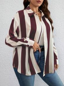 Celure Talla grande Camisa con estampado de rayas de hombros caídos - Multicolor - Ver 7