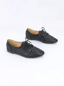 Women's Lace-up Flat Shoes - Black - View 6