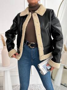 SHEIN Cottnline Teddy Lined PU Leather Jacket - Black - View 3