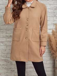 SHEIN LUNE Raglan Sleeve Pocket Patched Overcoat - Coffee Brown - View 3