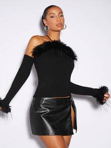 SHEIN BAE 毛茸邊繞頸後綁帶套頭毛衣 - 黑色 - 查看 7