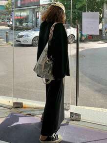 DAZY Solid Drop Shoulder Oversized Sweatshirt & Pants,Women Two Piece Sets,Fall Clothes - Black - View 2