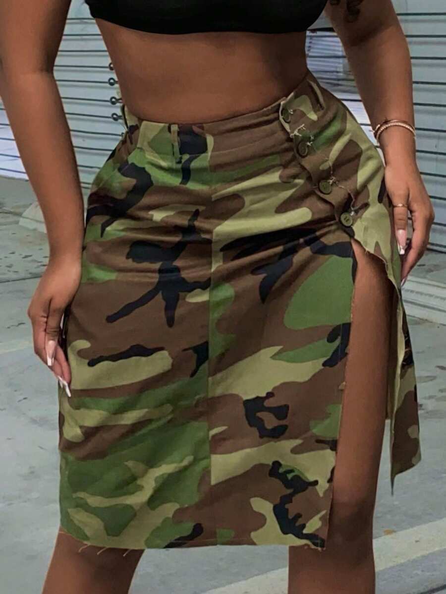 Slaydiva 迷彩印花高衩半身裙 - 軍綠色 - 查看 1
