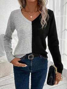 SHEIN Unity Two Tone V Neck Sweater,Long Sleeve Tops In Fall/Winter - Grey - View 1