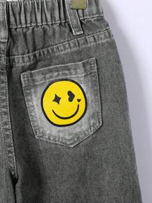 Tween Girl Expression Print Ripped Straight Leg Jeans - Black - View 5