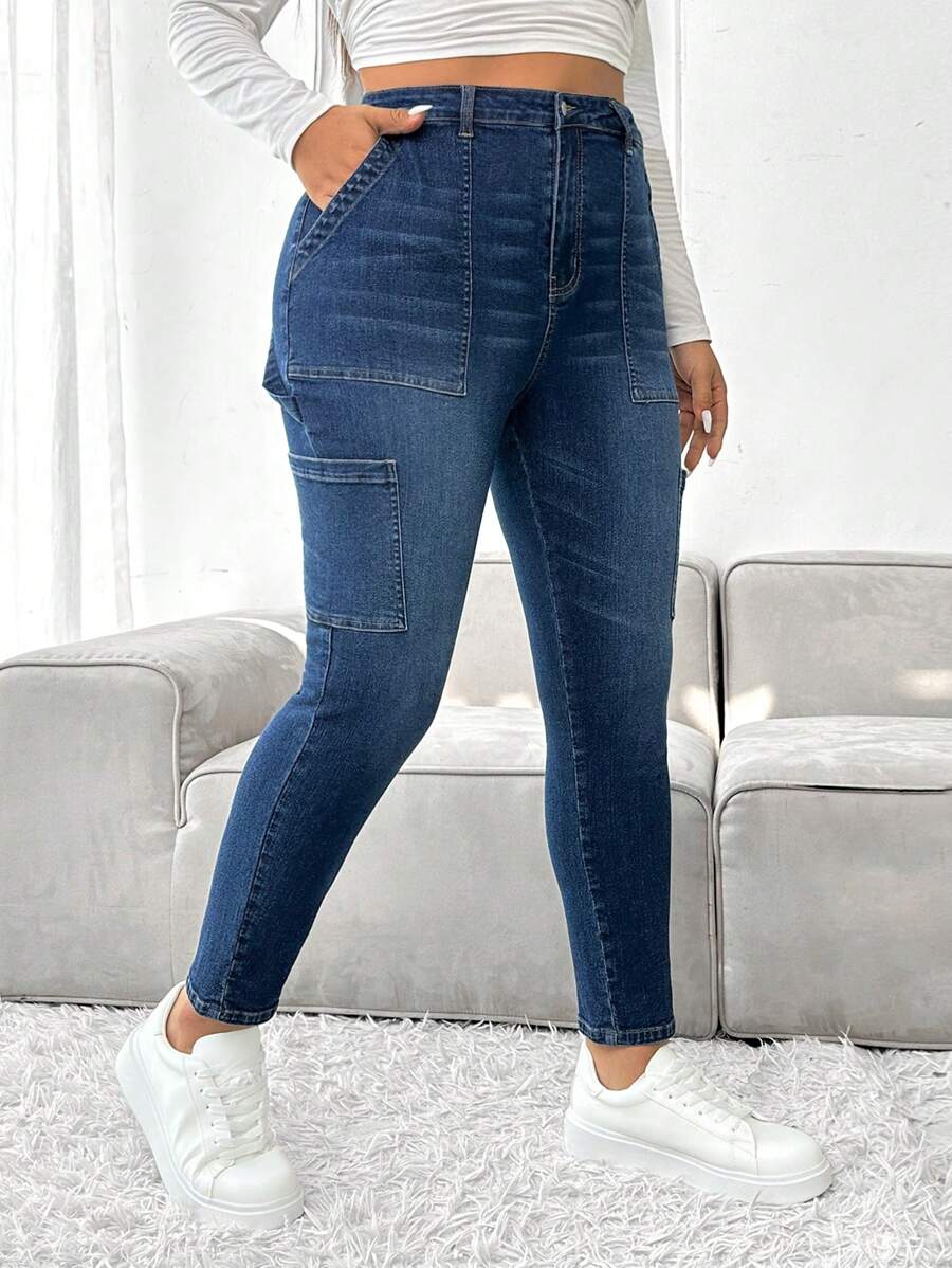 SHEIN EZwear Plus Slant Pocket Side Skinny Jeans - Dark Wash - View 1