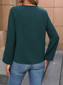 SHEIN LUNE Solid Roll Up Sleeve Blouse - Dark Green - View 2