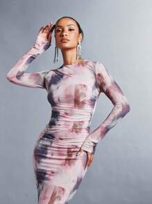 SHEIN BAE Tie Dye Ruched Side Bodycon Dress
