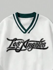 ROMWE MEN Prep 男士字母图案条纹滚边保暖内衬篮球卫衣，适合上学、秋冬季穿着，长袖上衣 - 白色 - 查看 4