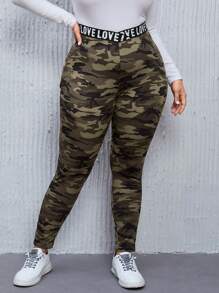 SHEIN LUNE Rozmiar Plus Damski Wzór moro Sztylpy Z Litera Wiosna Nadruk Dekoracje