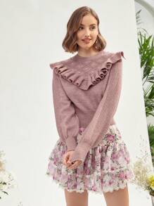 Enchnt Viền Ruffle Ngọc trai đính cườm Tay áo lồng đèn Áo len - Hồng - Xem 1