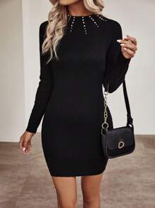 Chiquease Solid Mock Neck Pearls Beaded Bodycon Sweater Dress Without Belt - Black - View 6