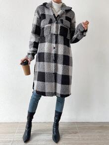 SHEIN Essnce Solid Drop Shoulder Flap Detail Teddy Coat - Black - View 6