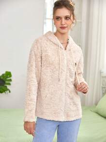 SHEIN EZwear 星星刺繡抽繩連帽絨毛外套 - 卡其色 - 查看 5