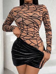 Chiquease Geo Print Mock Neck Mesh Top & Wrap Hem Bodycon Skirt - Black - View 7