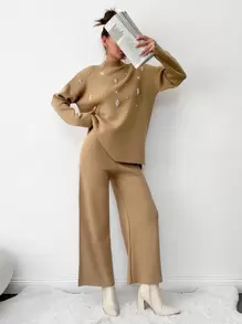 EURMUSE Rhinestone Detail Drop Shoulder Sweater & Knit Pants - Khaki - View 3