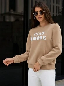 SHEIN Frenchy 女士駱色印花圆领运动衫 - 卡其色 - 查看 7