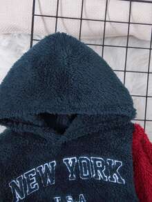 Young Boy Letter Embroidery Colorblock Teddy Hoodie & Pants - Navy Blue - View 5