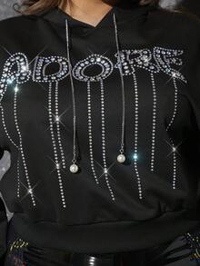 SHEIN SXY Áo nỉ cỡ lớn có dây rút, họa tiết chữ đính đá, họa tiết dây xích - màu đen - Xem 4