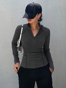 DAZY Women's Brushed Long Sleeve Fitted Casual Half-Zip T-Shirt, Street Style, Autumn/Winter - Grey - View 7