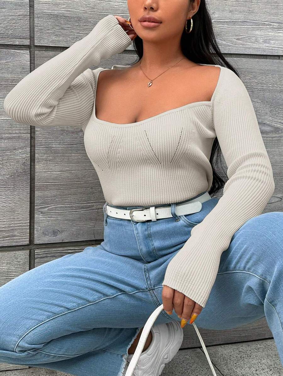 RueChic Plus Sweetheart Neck Ribbed Knit Sweater - Beige - View 1