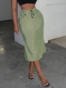 Zolique Drawstring Waist Patch Pocket Skirt - Green - View 1