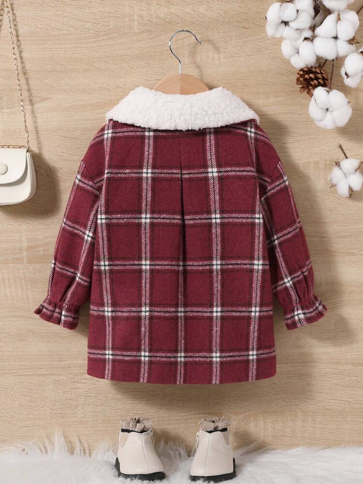 Baby Girl Plaid Print Borg Collar Flounce Sleeve Overcoat