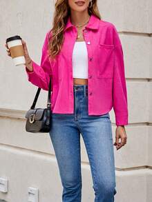 Drop Shoulder Pocket Patched Shirt - Hot Pink - View 4