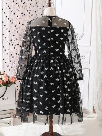 Teen Girl Star Print Mesh Overlay Dress