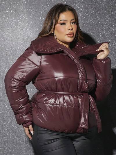 Plus Solid Belted Padded Coat