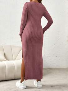 SHEIN Maternity Ribbed Knit Split Thigh Dress With Long Sleeve - Pink - View 2