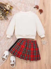 SHEIN Đứa bé gái Đồ họa Hoạt hình Áo nỉ & Vải len vuông Chân Váy xếp ly - Đỏ và trắng - Xem 2