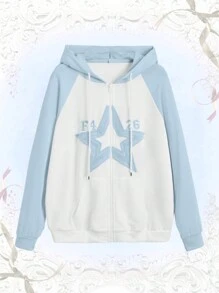 ROMWE Kawaii Star Print Raglan Sleeve Drawstring Hoodie - Baby Blue - View 8