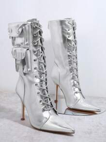 SHUZIA Botines de color metálico dedo de pie puntiagudo con cordón tobillo - Plateado - Ver 5