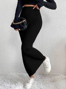 SHEIN LUNE Solid Ribbed Knit Sweater Skirt - Black - View 5