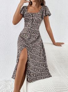 SHEIN Frenchy In hoa Ditsy Nút phía trước Đầm - màu đen - Xem 3