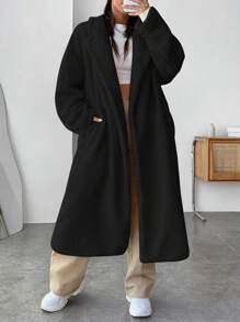 SHEIN EZwear Lapel Neck Drop Shoulder Open Front Teddy Coat - Black - View 1