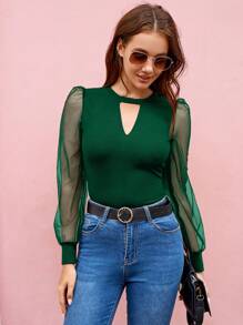 SHEIN Privé Top de cuello con abertura de ojo de malla en contraste de manga farol - Verde Oscuro - Ver 4