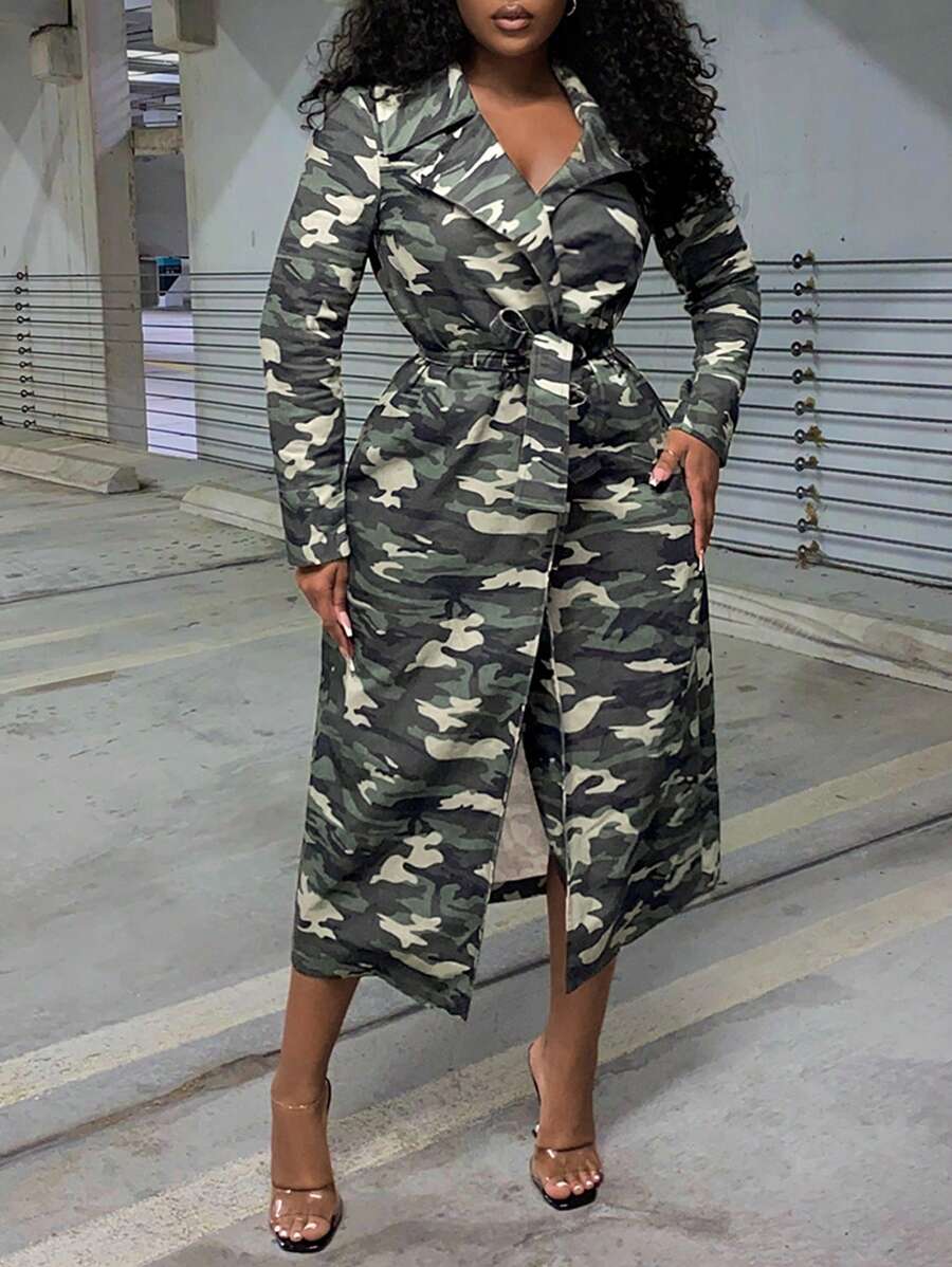Slaydiva Camo Print Belted Longline Coat - Army Green - View 1