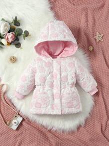 Baby Girl Floral Jacquard Hooded Padded Coat - Pink - View 1