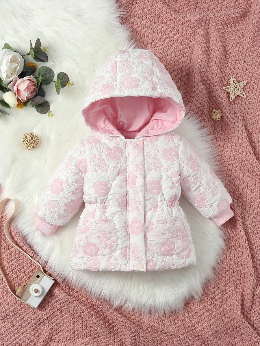 Baby Girl Floral Jacquard Hooded Padded Coat - Pink - View 1