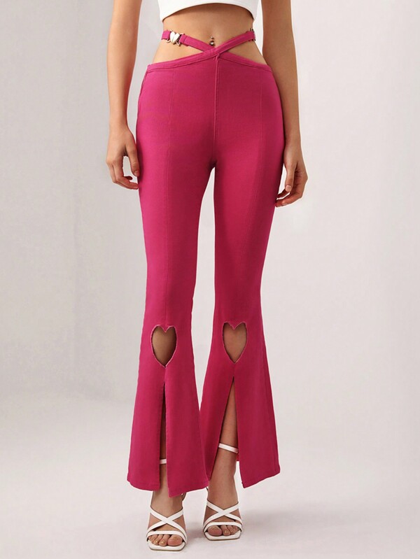 Blank Designer Women Cut Out Waist Split Hem Flare Leg Cowgirl Jeans, For Holiday, Spring & Summer, Festival
