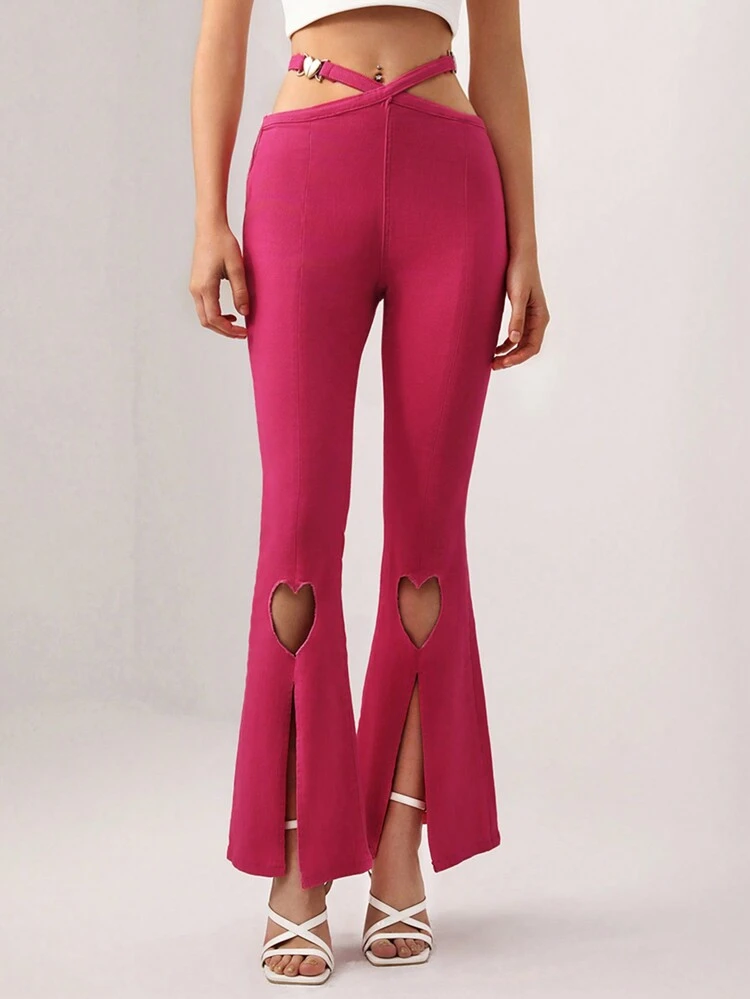 Designer Women Cut Out Waist Split Hem Flare Leg Cowgirl Jeans, For Holiday, Spring & Summer, Festival
