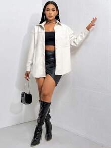 Slaydiva Drop Shoulder PU Leather Blouse - White - View 3