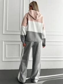 EURMUSE Plus Color Block Drop Shoulder Drawstring Hooded Sweater & Knit Pants - Multicolor - View 2