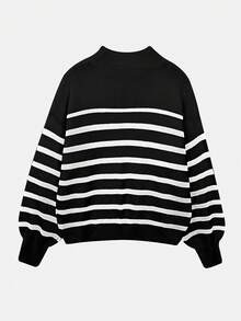 Women Striped Round Neck Batwing Long Sleeve Loose Casual Sweater, Autumn/Winter - Black and White - View 2