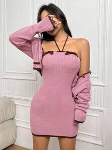 Chiquease Contrast Trim Cardigan & Bow Front Sweater Dress - Dusty Pink - View 3