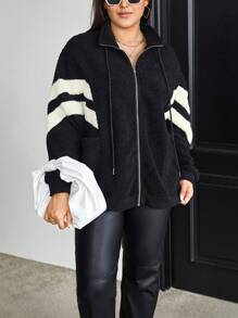 SHEIN Essnce Plus Chevron Pattern Drop Shoulder Drawstring Teddy Coat - Black - View 4
